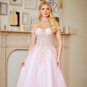 New Off The Shoulder Pink Prom Gown w/ Embroidered Corset Boned Bodice AC 8064